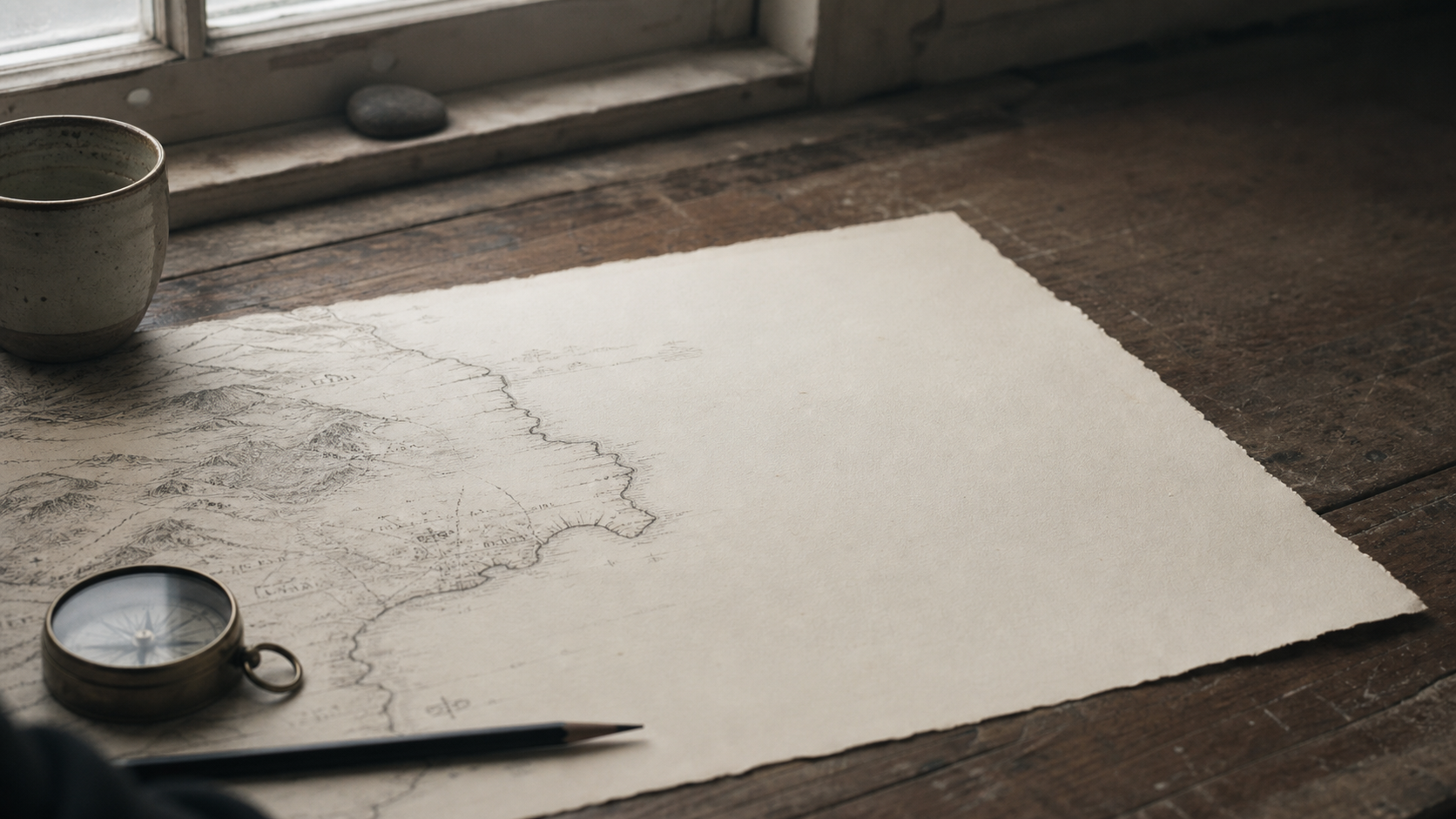 A hand-drawn map on deckle-edged paper: an inked coastline to the left, the rest of the sheet left blank.