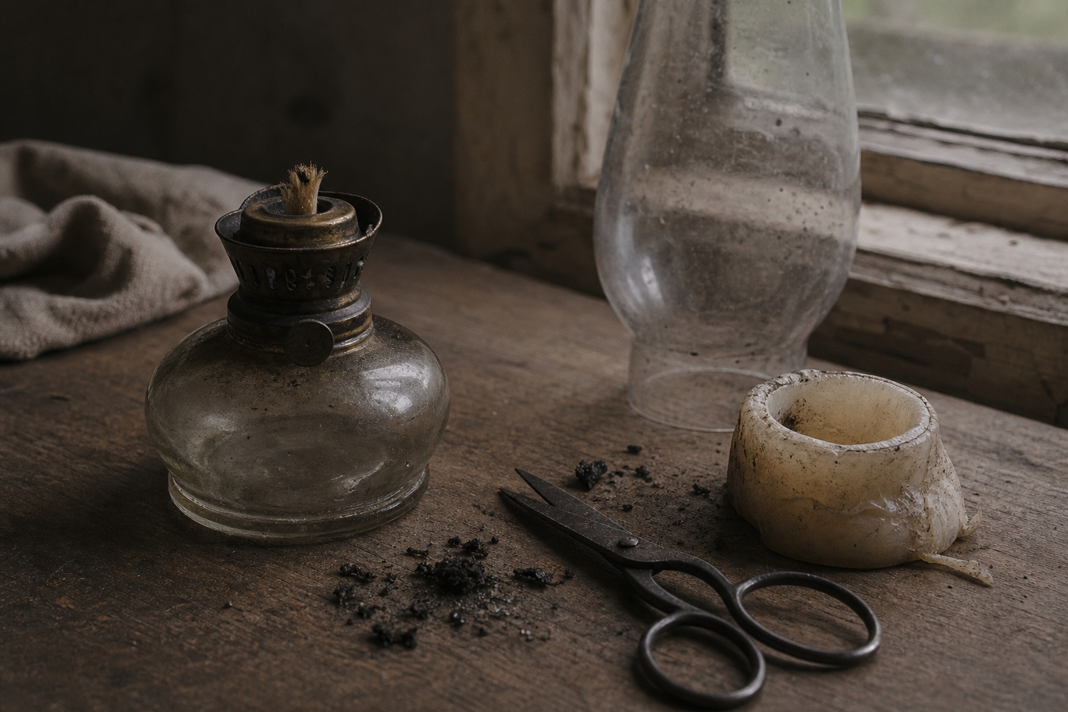 Small scissors, black wick trimmings, and a sooty oil lamp set on a worn wooden table by a window.